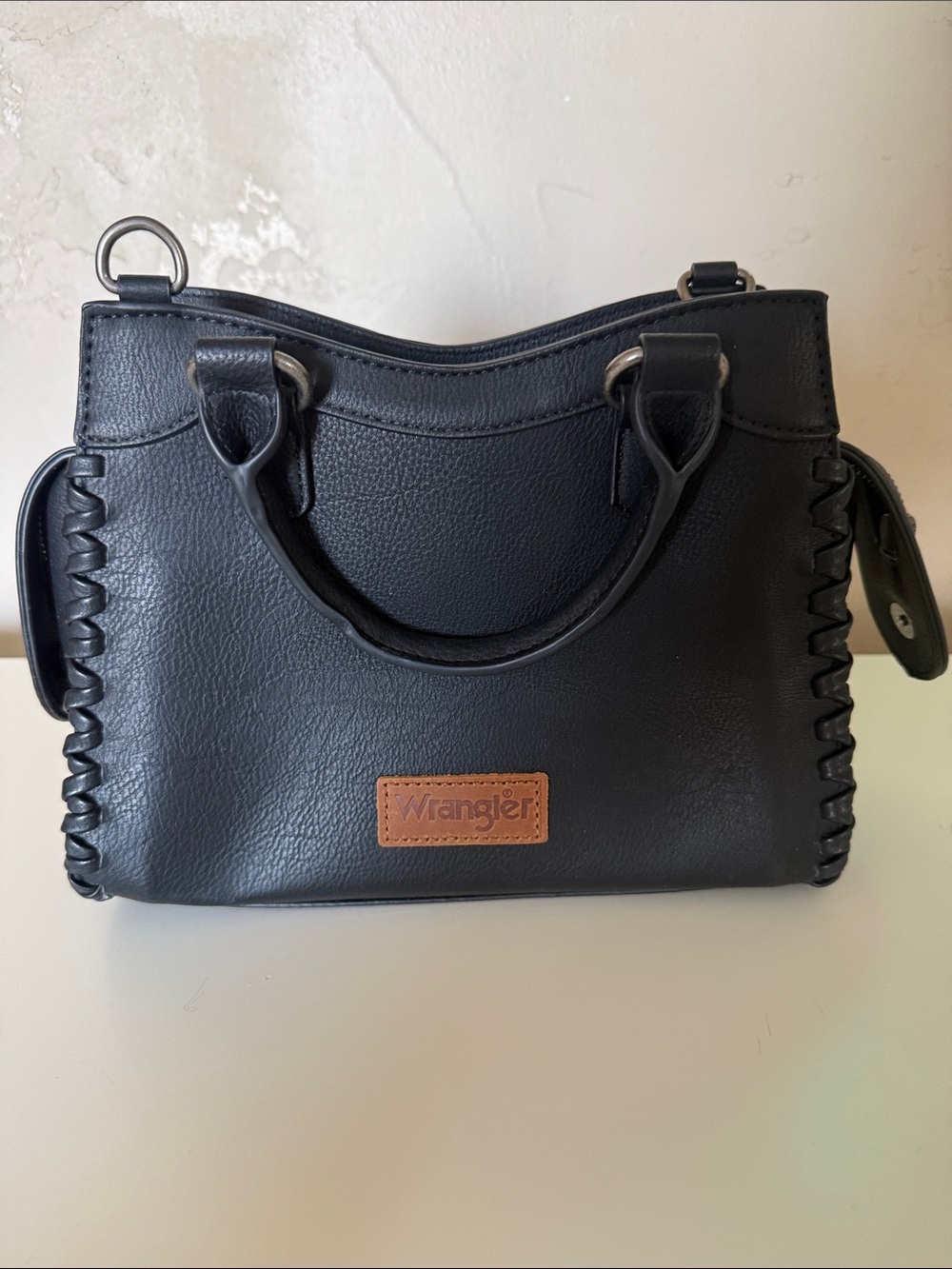 Wrangler Black Messenger Bag with Tan Logo Patch